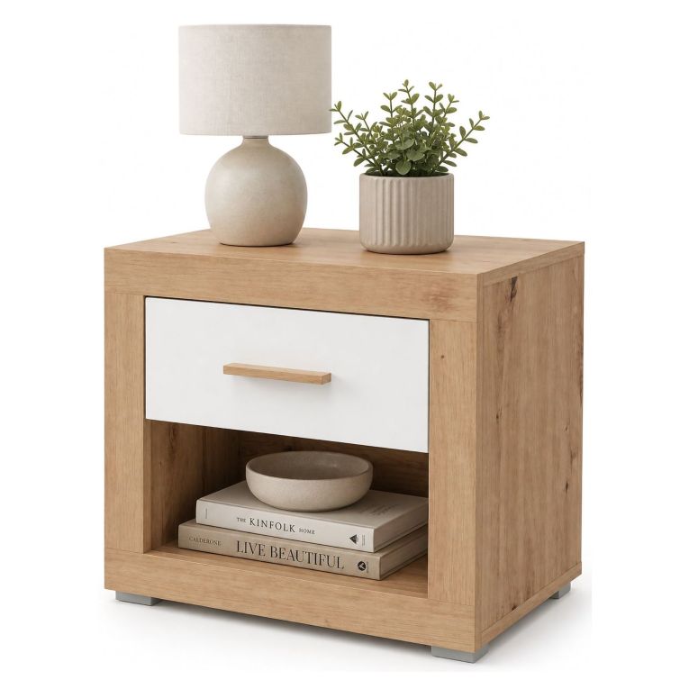 Comodino Marrone Rovere Bianco Opaco un Cassetto 2 Ripiani 52x35x47h cm, Apertura Scorrevole - Varkal