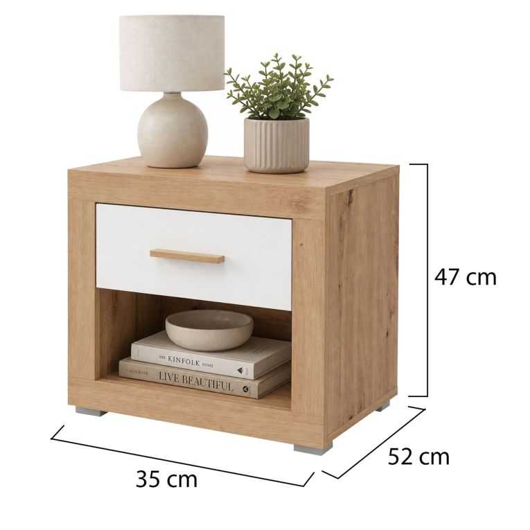 Comodino Marrone Rovere Bianco Opaco un Cassetto 2 Ripiani 52x35x47h cm, Apertura Scorrevole - Varkal