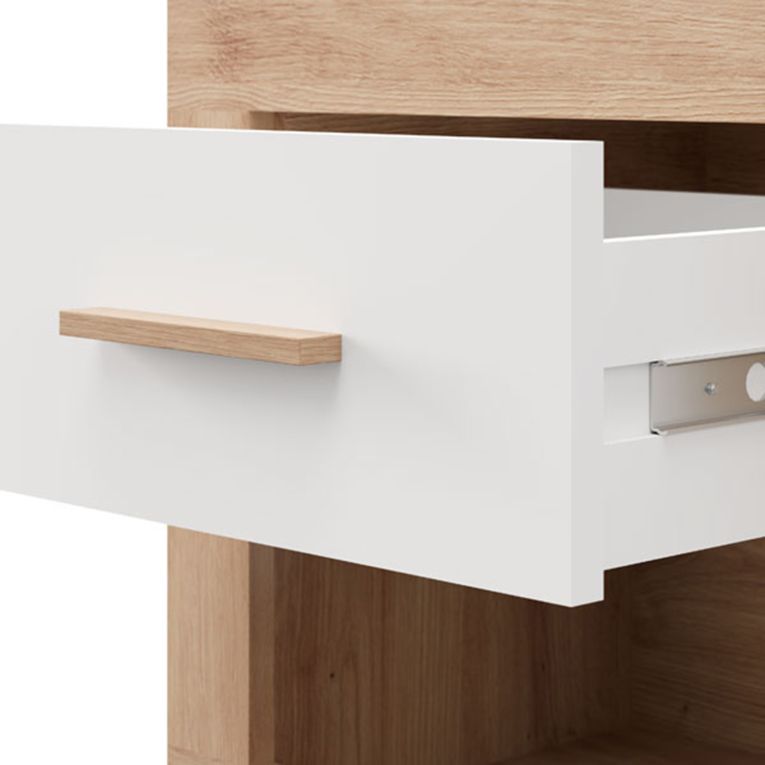 Comodino Marrone Rovere Bianco Opaco un Cassetto 2 Ripiani 52x35x47h cm, Apertura Scorrevole - Varkal