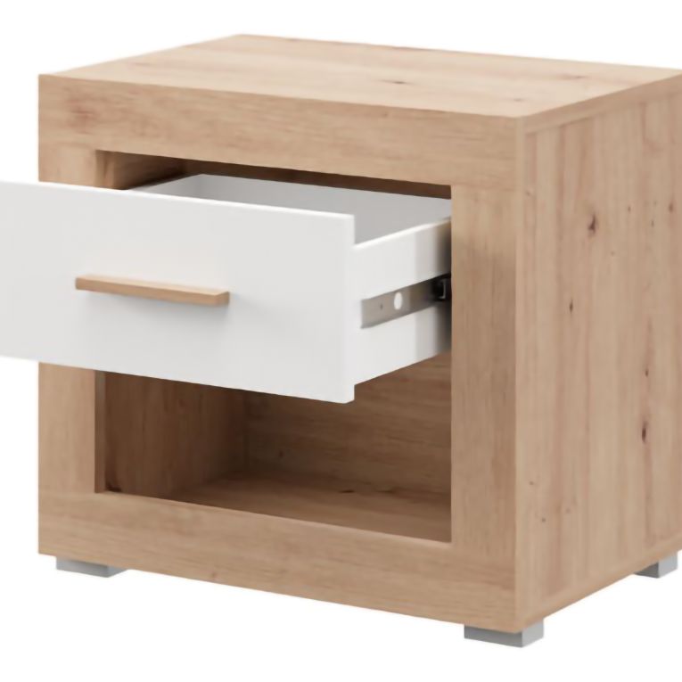 Comodino Marrone Rovere Bianco Opaco un Cassetto 2 Ripiani 52x35x47h cm, Apertura Scorrevole - Varkal