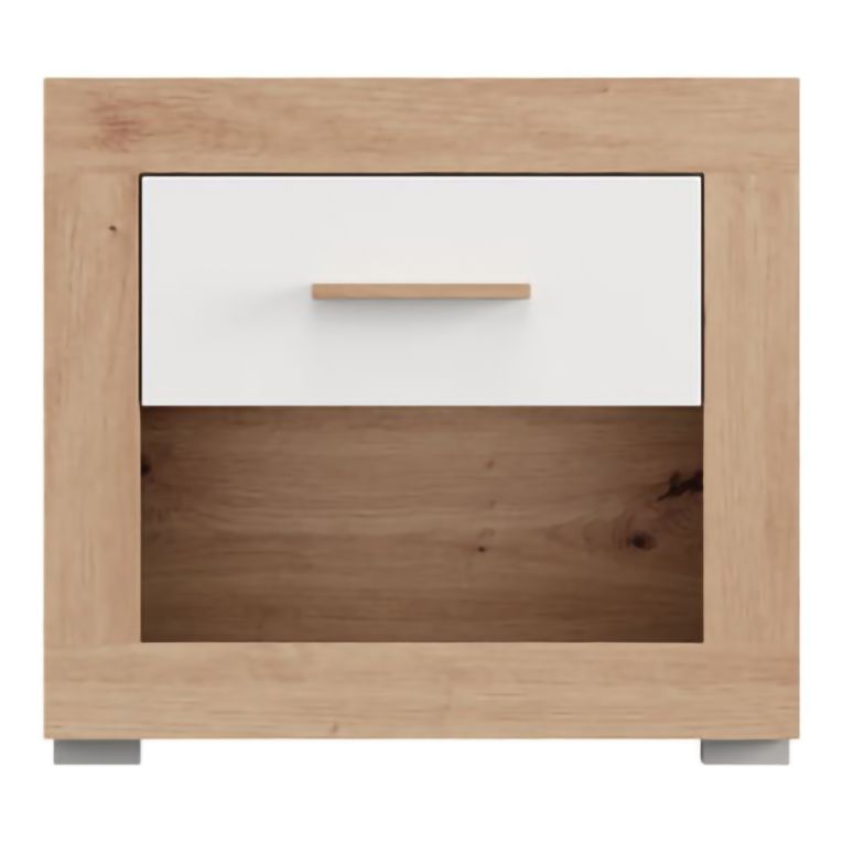 Comodino Marrone Rovere Bianco Opaco un Cassetto 2 Ripiani 52x35x47h cm, Apertura Scorrevole - Varkal