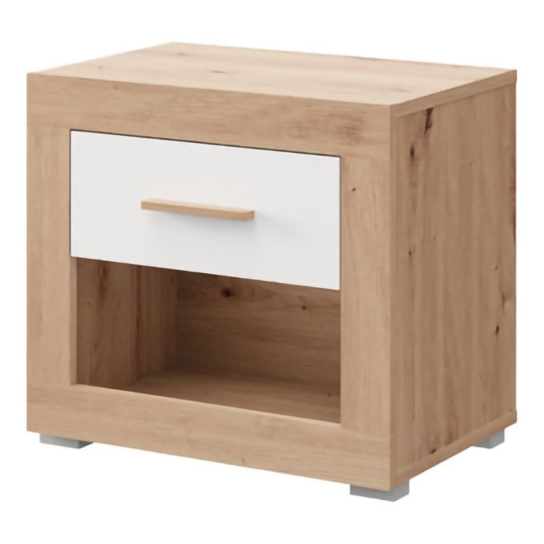 Comodino Marrone Rovere Bianco Opaco un Cassetto 2 Ripiani 52x35x47h cm, Apertura Scorrevole - Varkal
