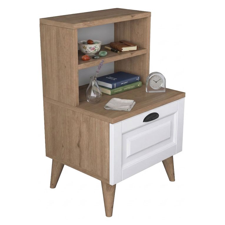 Comodino Marrone Rovere Bianco un Cassetto un Ripiano 45x40x74h cm, Apertura Scorrevole - Salassa