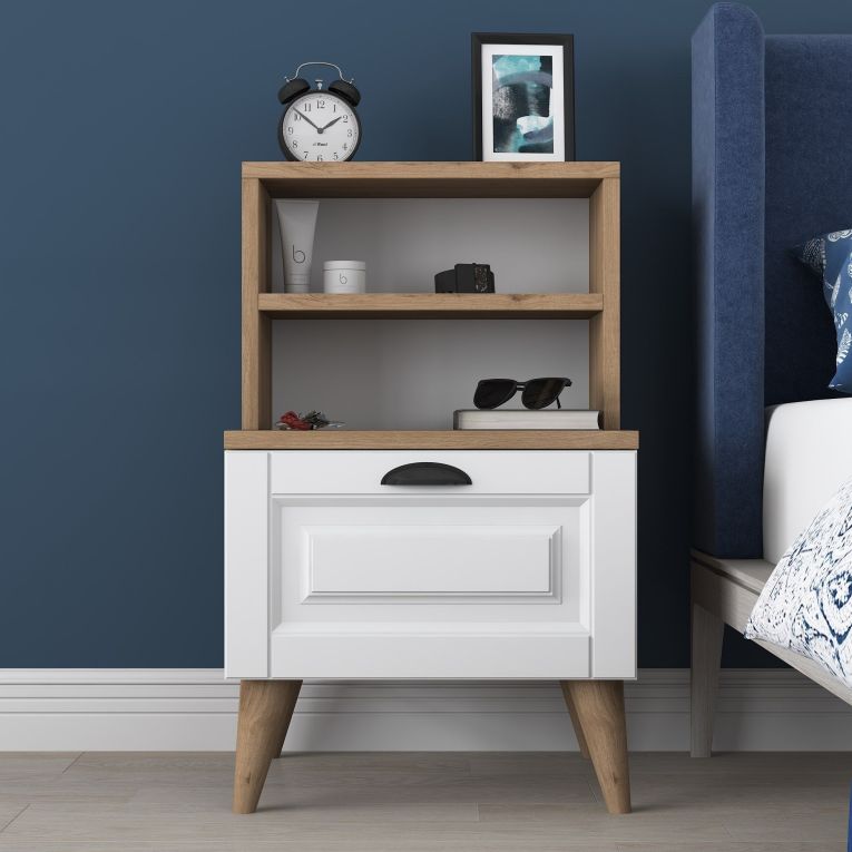 Comodino Marrone Rovere Bianco un Cassetto un Ripiano 45x40x74h cm, Apertura Scorrevole - Salassa