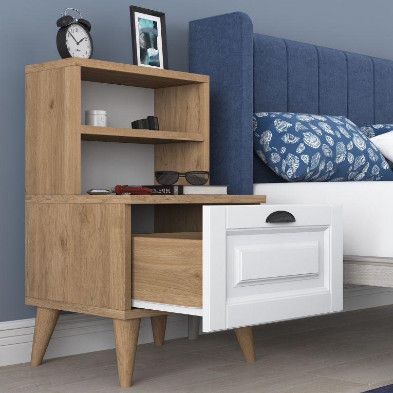 Comodino Marrone Rovere Bianco un Cassetto un Ripiano 45x40x74h cm, Apertura Scorrevole - Salassa