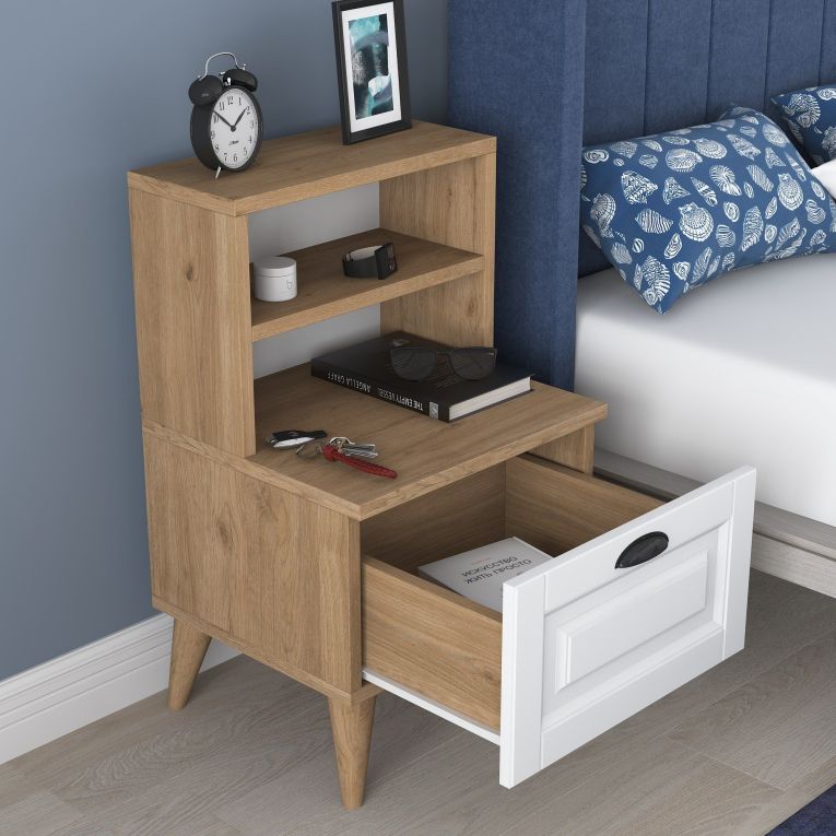 Comodino Marrone Rovere Bianco un Cassetto un Ripiano 45x40x74h cm, Apertura Scorrevole - Salassa