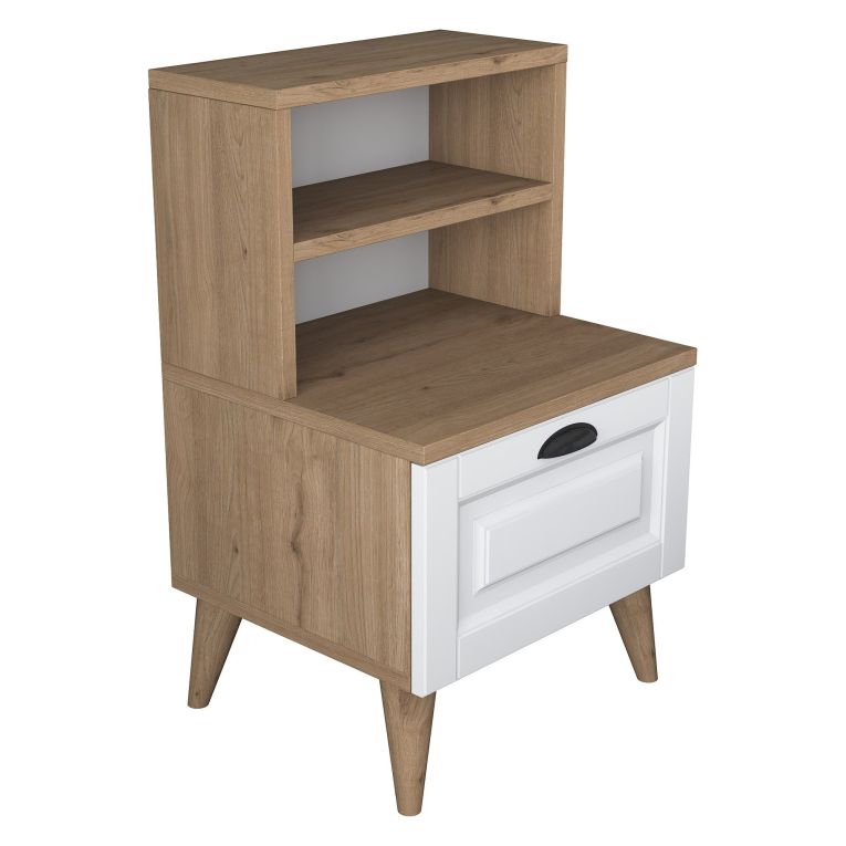Comodino Marrone Rovere Bianco un Cassetto un Ripiano 45x40x74h cm, Apertura Scorrevole - Salassa