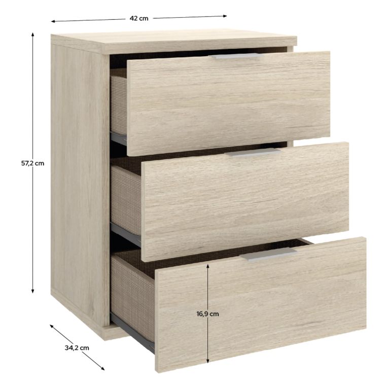 Comodino Marrone Rovere Grigio 3 Cassetti un Ripiano 34x42x57h cm, Piedini abs Antirumore e Antigraffio - Blythe