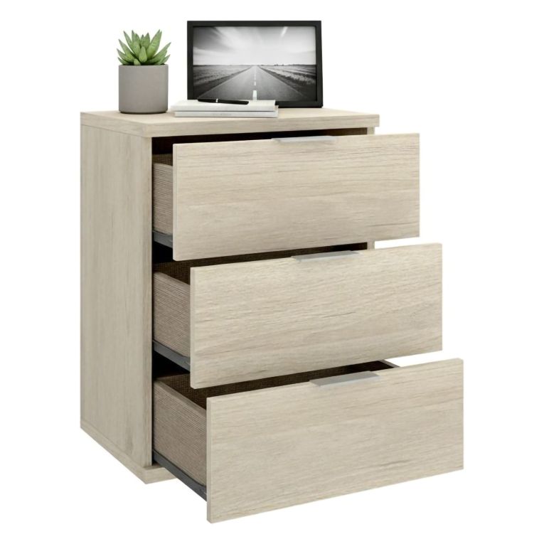 Comodino Marrone Rovere Grigio 3 Cassetti un Ripiano 34x42x57h cm, Piedini abs Antirumore e Antigraffio - Sturgis