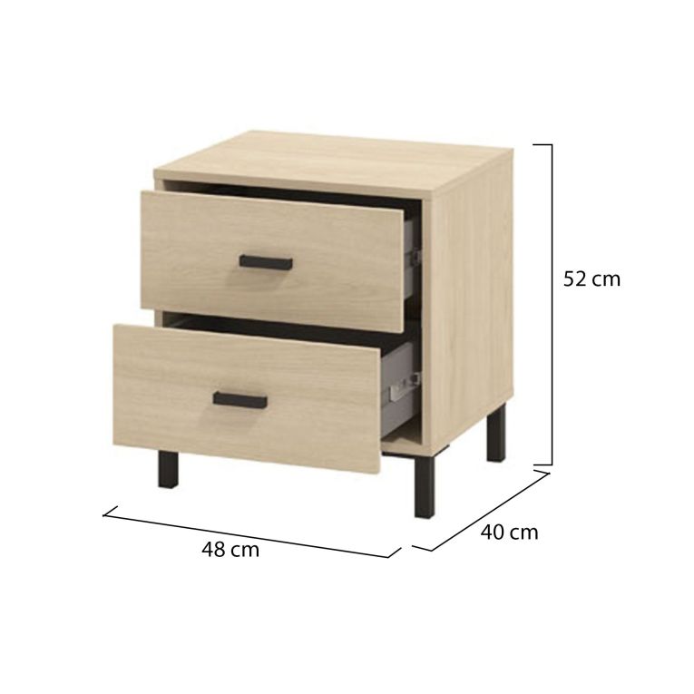 Comodino Marrone Rovere Nero 2 Cassetti un Ripiano 48x40x52h cm, Apertura Scorrevole - Piea
