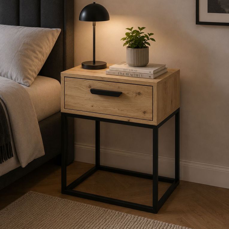 Comodino Marrone Rovere Nero un Cassetto Apertura Scorrevole 40x39x52h cm, Chiusura Scorrevole - Lelimapa