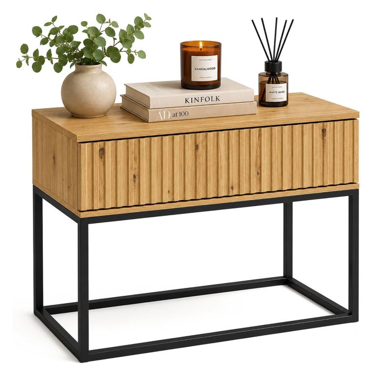 Comodino Marrone Rovere Nero un Cassetto Apertura Scorrevole 60x39x52h cm, Chiusura Scorrevole - Leletete