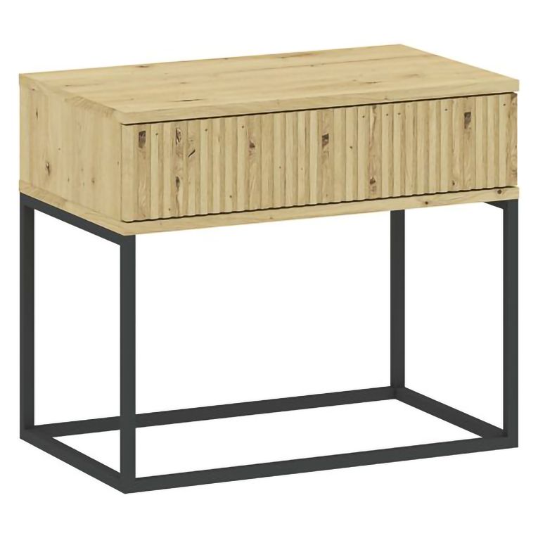 Comodino Marrone Rovere Nero un Cassetto Apertura Scorrevole 60x39x52h cm, Chiusura Scorrevole - Leletete