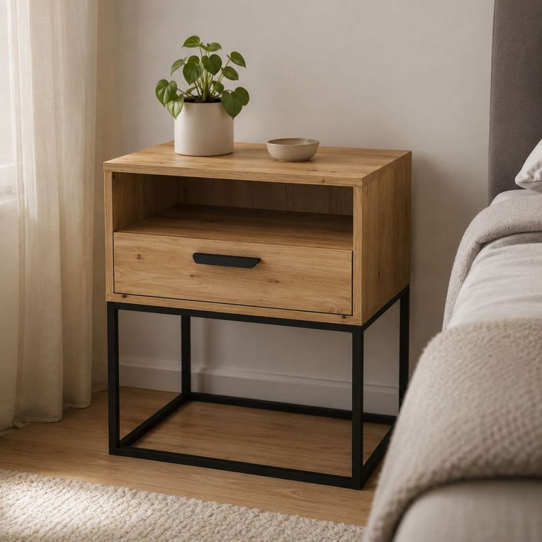 Comodino Marrone Rovere Nero un Cassetto un Ripiano 60x39x65h cm, Apertura Scorrevole - Leha