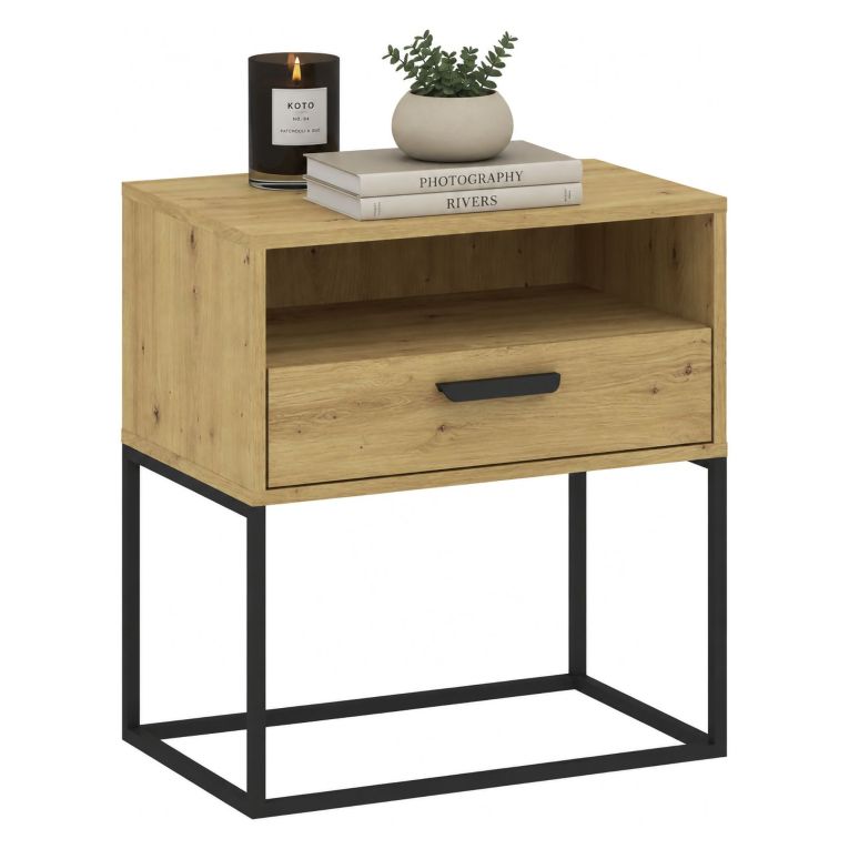 Comodino Marrone Rovere Nero un Cassetto un Ripiano 60x39x65h cm, Apertura Scorrevole - Leha