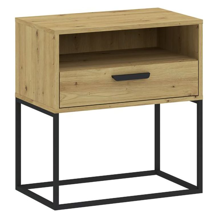 Comodino Marrone Rovere Nero un Cassetto un Ripiano 60x39x65h cm, Apertura Scorrevole - Leha