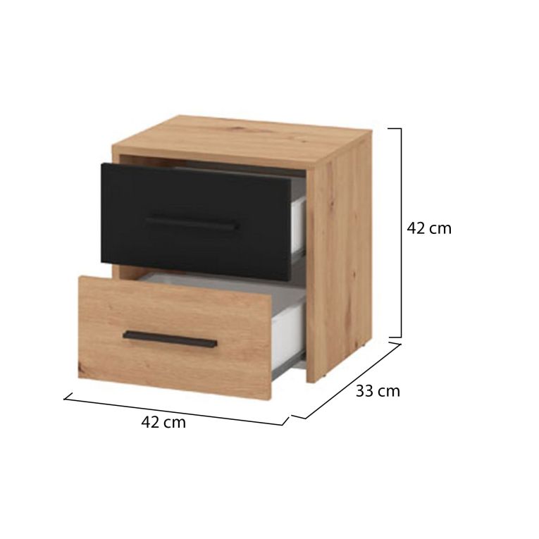 Comodino Marrone Rovere Nodi Nero 2 Cassetti un Ripiano 42x33x42h cm, Apertura Scorrevole - Secli