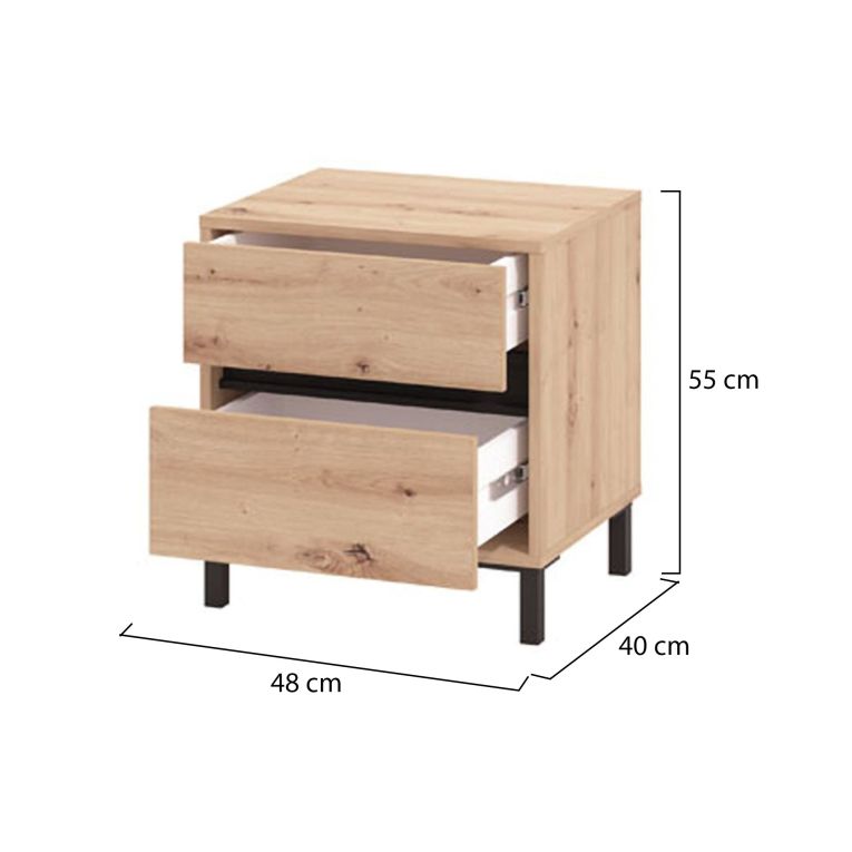 Comodino Marrone Rovere Nodi Nero 2 Cassetti un Ripiano 48x40x55h cm, Apertura Scorrevole - Combatte