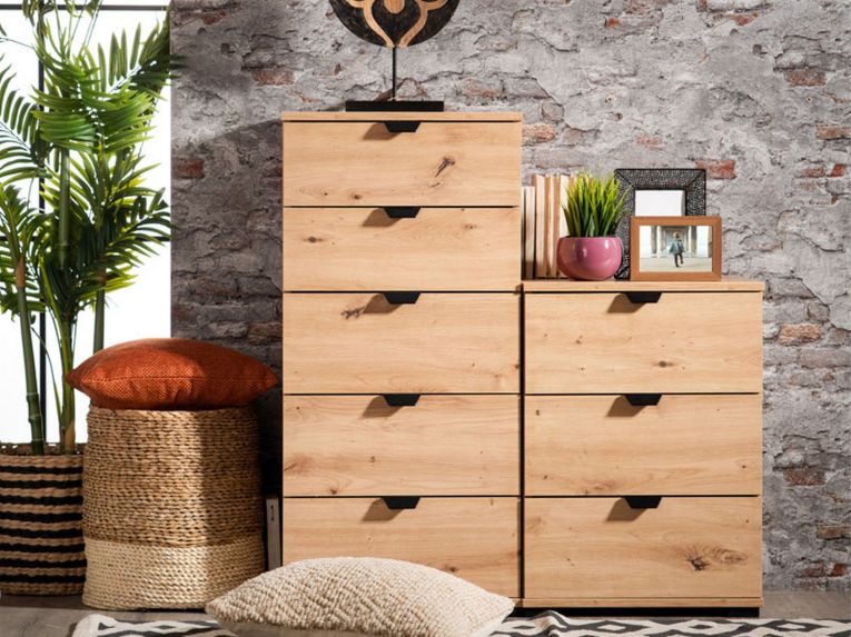 Comodino Marrone Rovere Nodi Nero 3 Cassetti un Ripiano 45x40x63h cm, Apertura Scorrevole - Talana