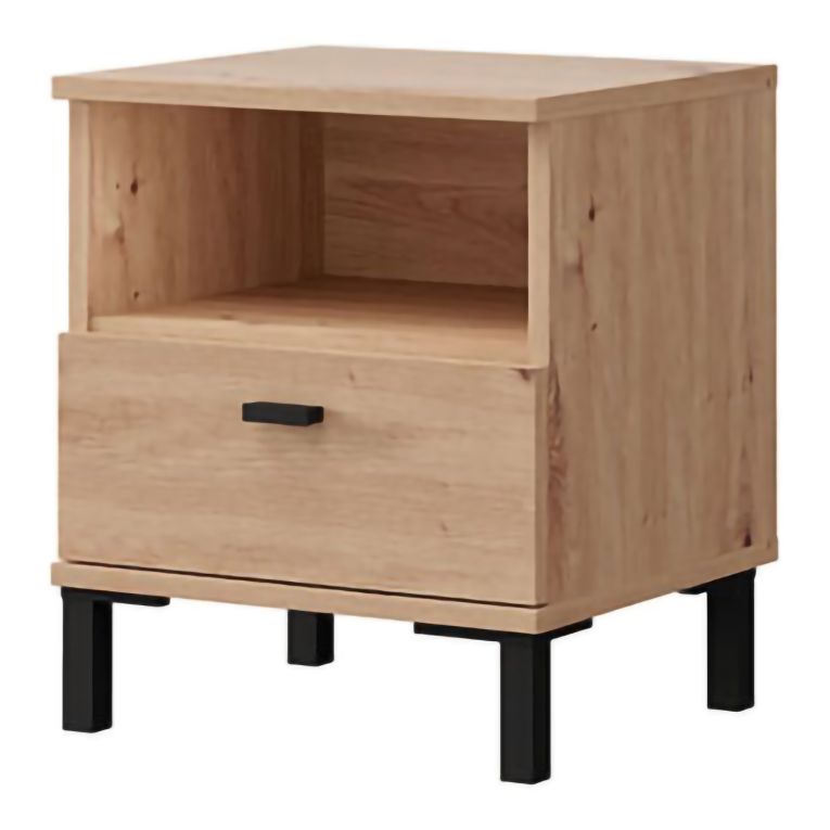 Comodino Marrone Rovere un Cassetto 2 Ripiani 39x35x45h cm, Apertura Scorrevole - Jinja