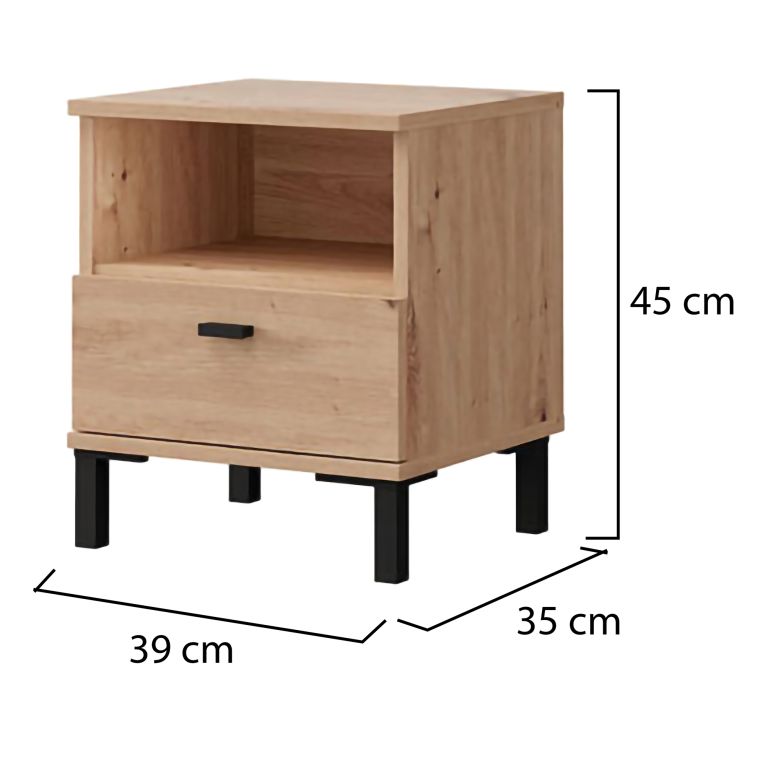 Comodino Marrone Rovere un Cassetto 2 Ripiani 39x35x45h cm, Apertura Scorrevole - Jinja