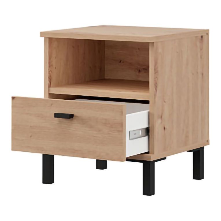 Comodino Marrone Rovere un Cassetto 2 Ripiani 39x35x45h cm, Apertura Scorrevole - Jinja