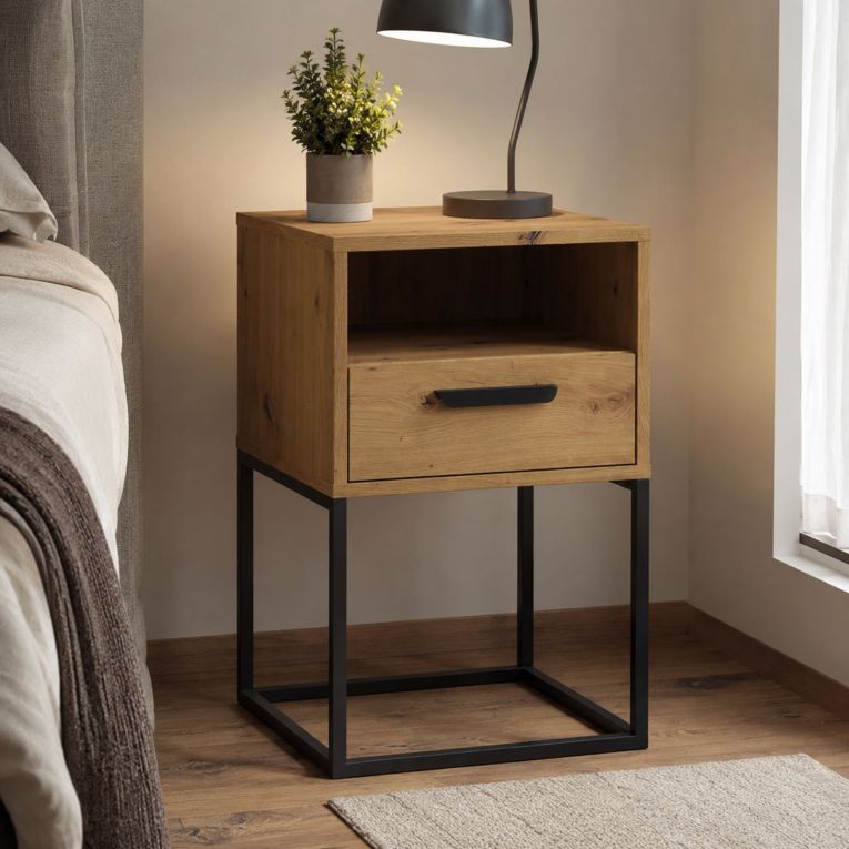 Comodino Marrone Rovere un Cassetto un Ripiano 40x39x65h cm, Apertura Scorrevole - Lehadasa