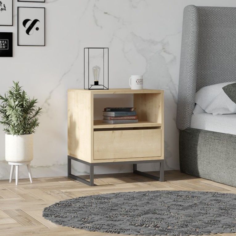 Comodino Marrone Rovere un Cassetto un Ripiano 51x51x61h cm, Apertura Scorrevole - Compatri