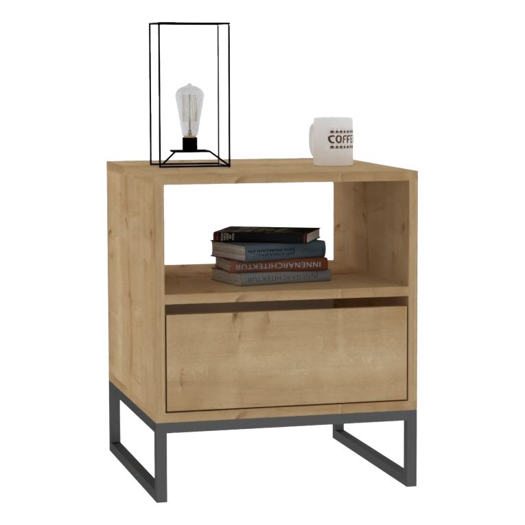 Comodino Marrone Rovere un Cassetto un Ripiano 51x51x61h cm, Apertura Scorrevole - Compatri