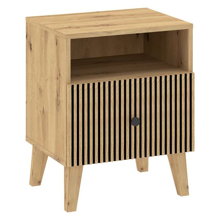 Comodino Marrone Rovere un Ripiano un Cassetto 47x42x58h cm, Listellato Verticale - Ledatere