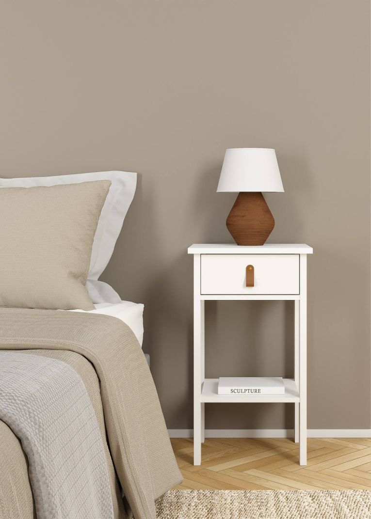 Comodino Maxine, Comò basso, Tavolino da notte, Mensola da letto, 34x40 h70 cm, Bianco