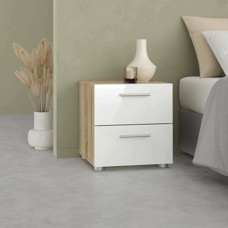 Comodino moderno quercia e bianco lucido 40x40x42h cm - Fedora