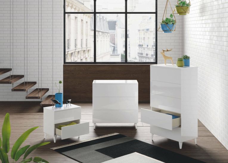 Comodino Nashville, Comodino a 2 cassetti, Tavolino da notte, Comò basso per camera da letto, 50x34h49 cm, Bianco lucido