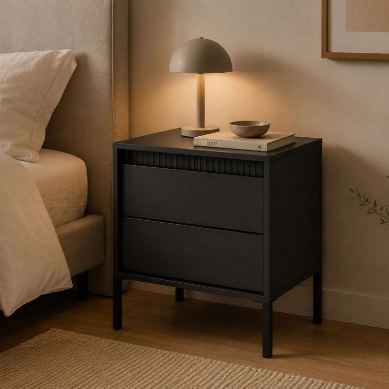 Comodino Nero 2 Cassetti un Ripiano 54x40x56h cm, Apertura Scorrevole - Gasalisa