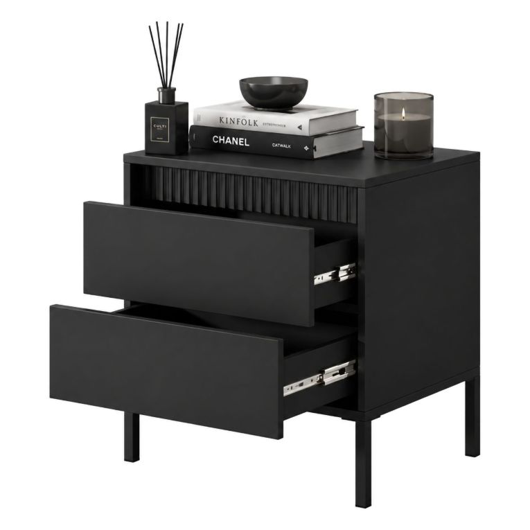 Comodino Nero 2 Cassetti un Ripiano 54x40x56h cm, Apertura Scorrevole - Gasalisa
