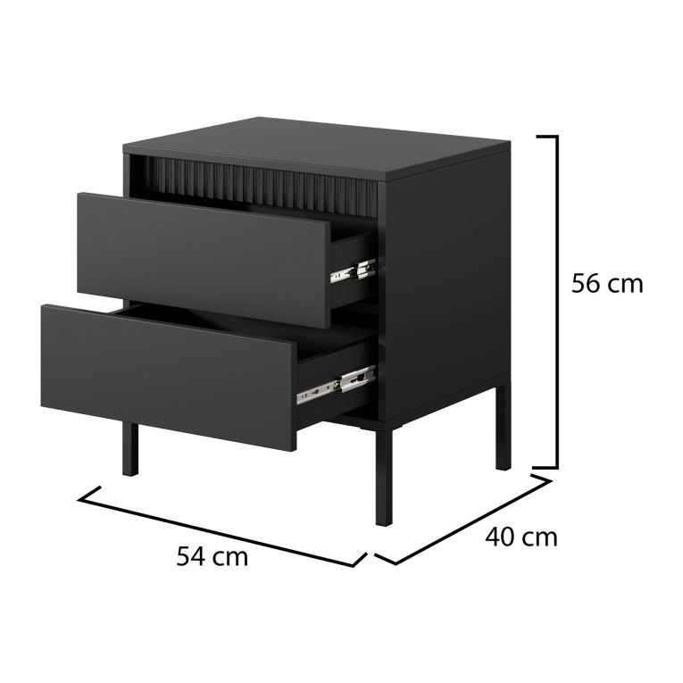 Comodino Nero 2 Cassetti un Ripiano 54x40x56h cm, Apertura Scorrevole - Gasalisa