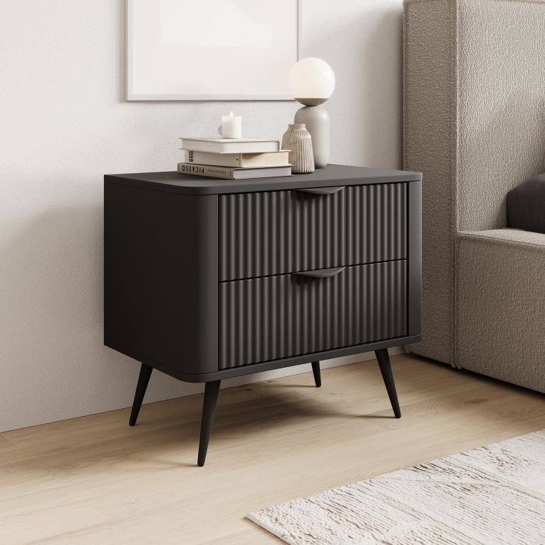 Comodino Nero 2 Cassetti un Ripiano 63x38x55h cm, Apertura Scorrevole - Baari
