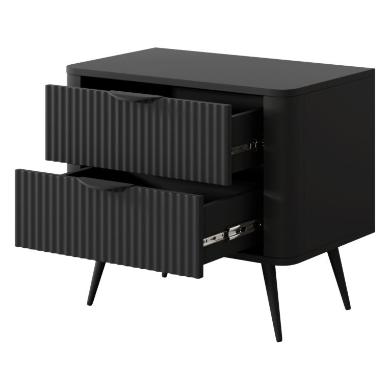 Comodino Nero 2 Cassetti un Ripiano 63x38x55h cm, Apertura Scorrevole - Baari