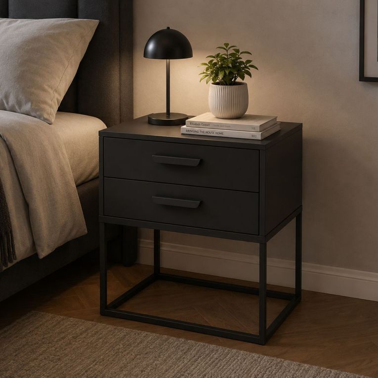 Comodino Nero Antracite 2 Cassetti Apertura Scorrevole 60x39x65h cm, Chiusura Scorrevole - Lelabati