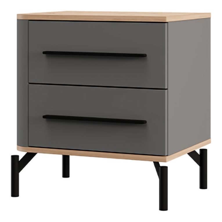 Comodino Nero Antracite Marrone Rovere 2 Cassetti un Ripiano 52x40x56h cm, Apertura Scorrevole - Ojai