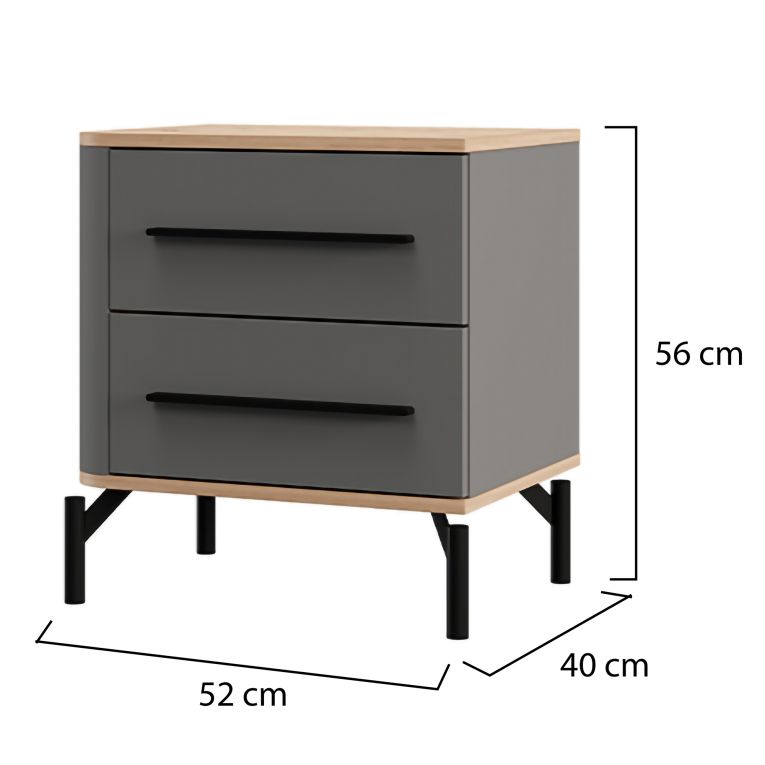 Comodino Nero Antracite Marrone Rovere 2 Cassetti un Ripiano 52x40x56h cm, Apertura Scorrevole - Ojai