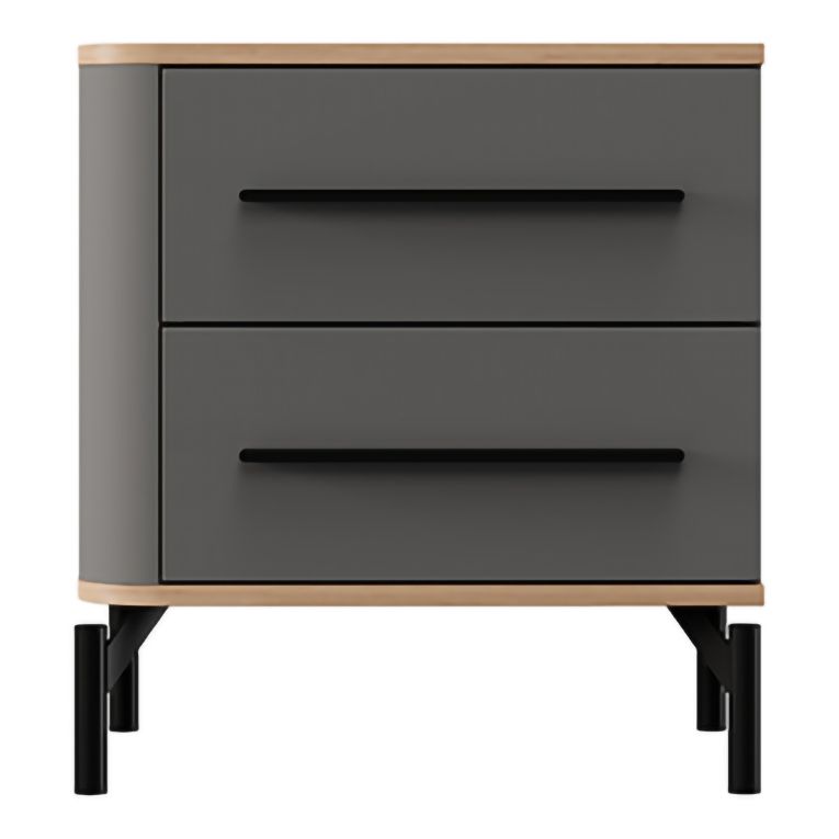 Comodino Nero Antracite Marrone Rovere 2 Cassetti un Ripiano 52x40x56h cm, Apertura Scorrevole - Ojai