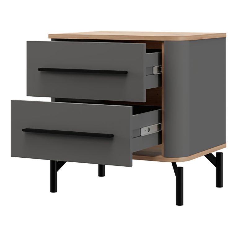 Comodino Nero Antracite Marrone Rovere 2 Cassetti un Ripiano 52x40x56h cm, Apertura Scorrevole - Ojai