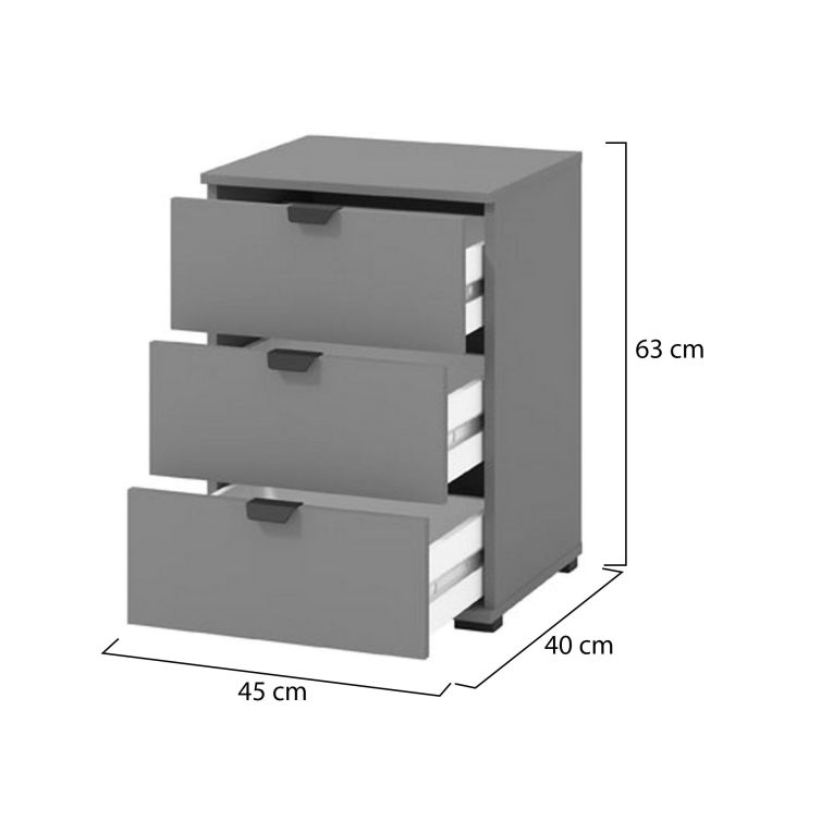 Comodino Nero Antracite Nero 3 Cassetti un Ripiano 45x40x63h cm, Apertura Scorrevole - Talana