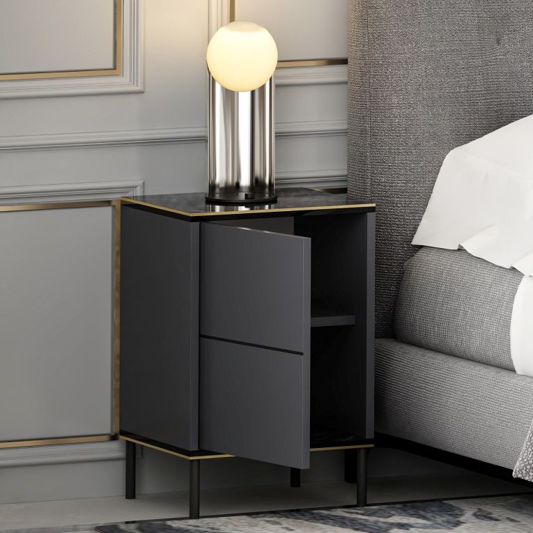 Comodino Nero Antracite oro un Ripiano Apertura Battente 40x35x60h cm, Un'anta - Vestone
