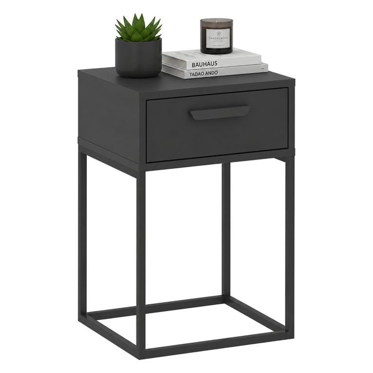 Comodino Nero Antracite un Cassetto Apertura Scorrevole 40x39x52h cm, Chiusura Scorrevole - Lelimapa