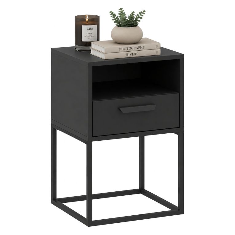 Comodino Nero Antracite un Cassetto un Ripiano 40x39x65h cm, Apertura Scorrevole - Lehadasa