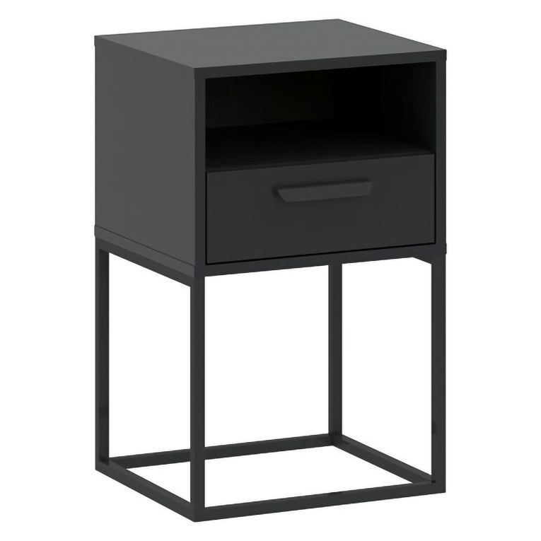 Comodino Nero Antracite un Cassetto un Ripiano 40x39x65h cm, Apertura Scorrevole - Lehadasa
