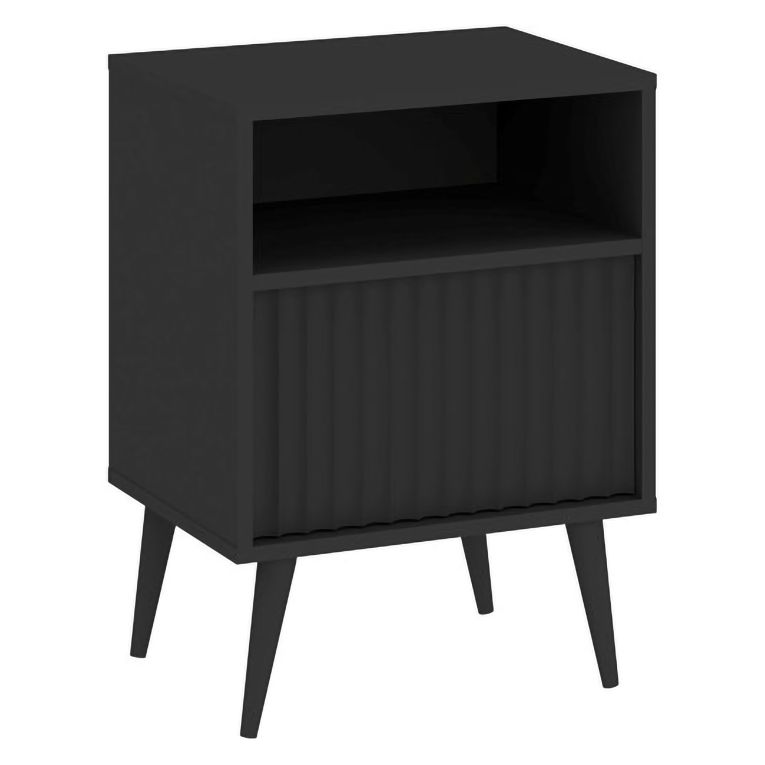 Comodino Nero Antracite un Ripiano un Cassetto 47x40x61h cm, Apertura Scorrevole - Ledareno