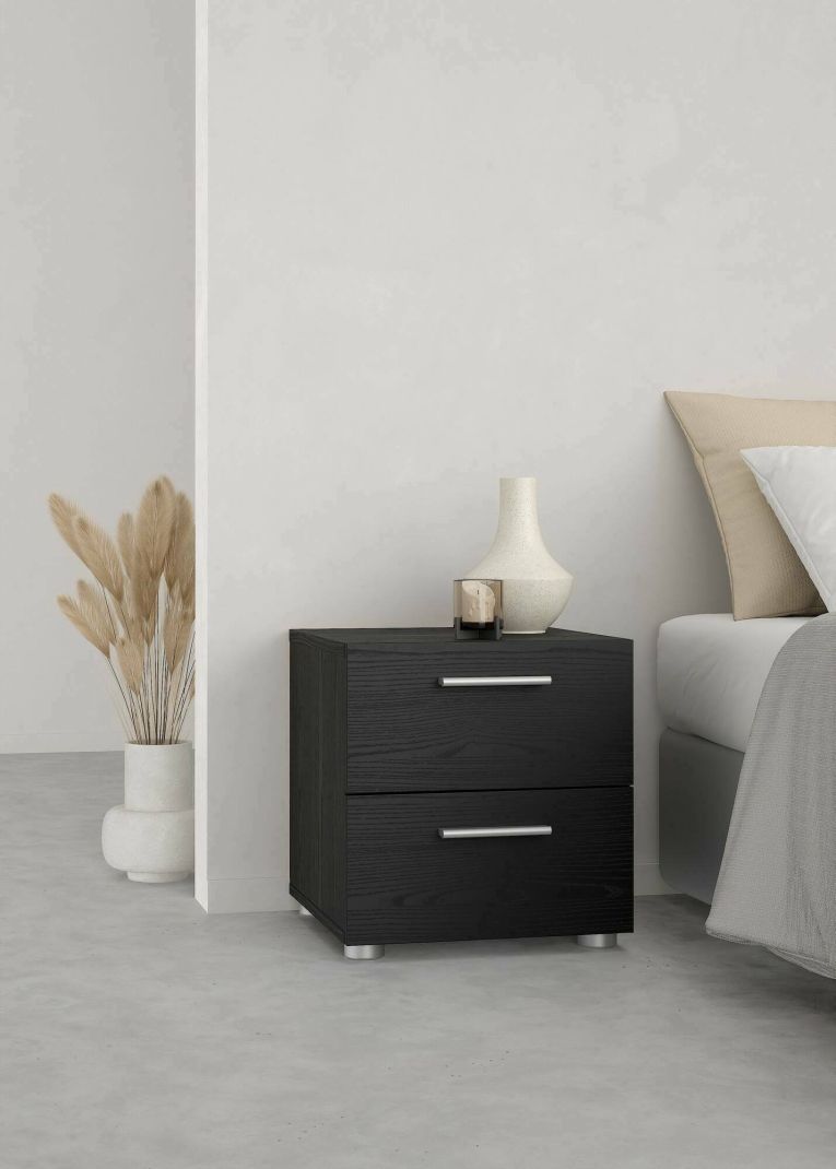Comodino Nero Effetto Legno 2 Cassetti un Ripiano 40x40x42h cm, Apertura Scorrevole - Apolla